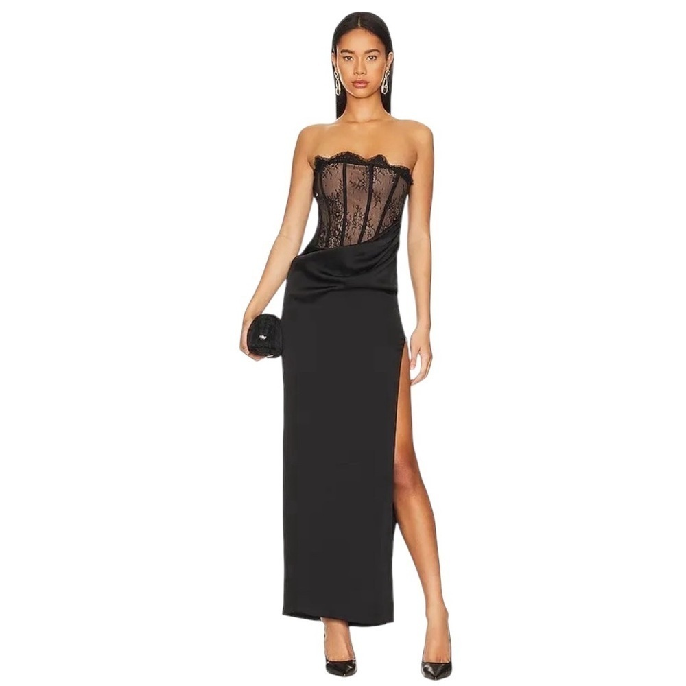 NBD x Revolve - Nalani Lace Tan and Black Strapless Bustier Maxi Gown Sz M